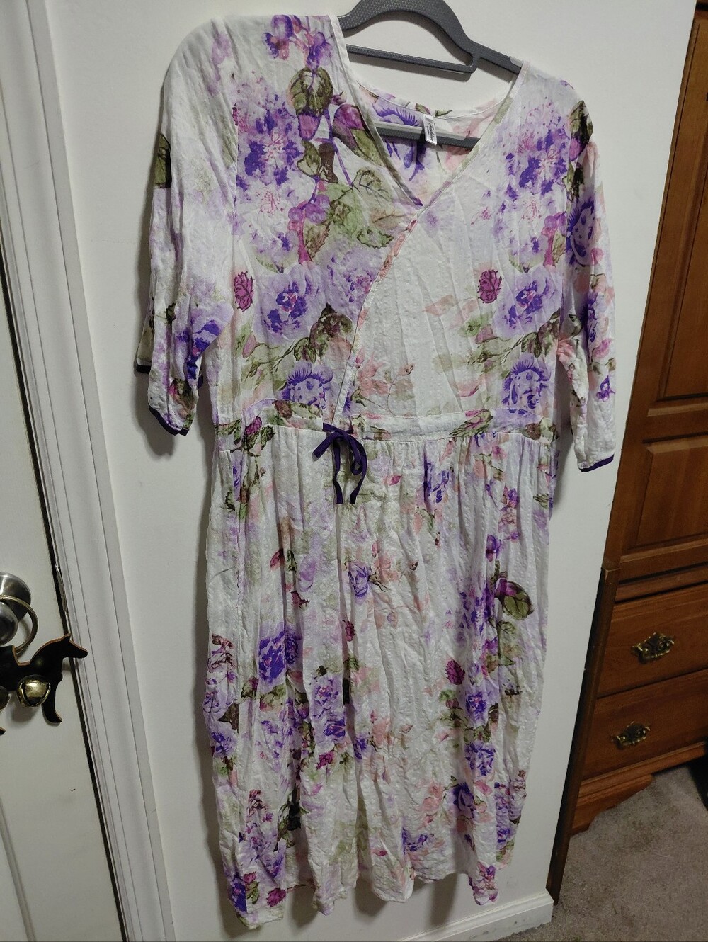 Womens White Floral Midi Dress with Purple Accents